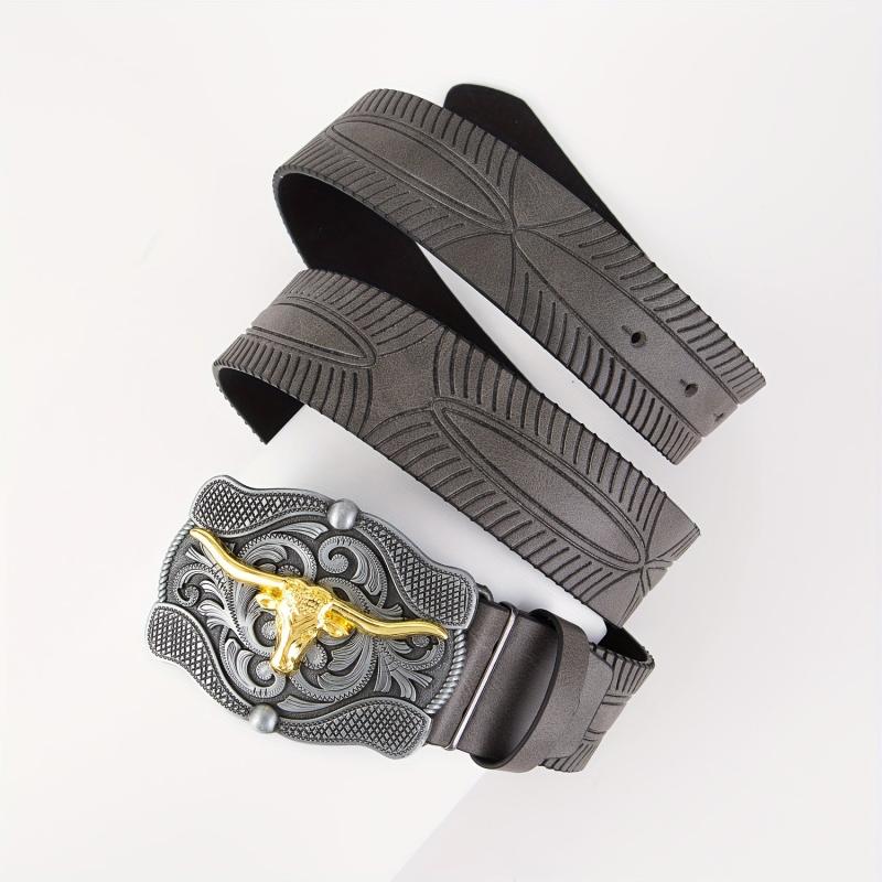 Vintage Golden Bull Head Plate Buckle Men's Leather Belt