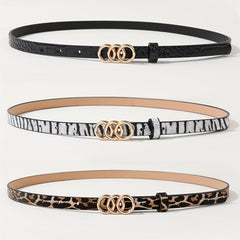 3pcs Triple Ring Buckle Belt Classic PU Belt Thin Jeans Waistband for Women