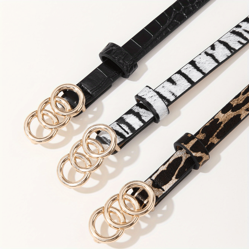 3pcs Triple Ring Buckle Belt Classic PU Belt Thin Jeans Waistband for Women