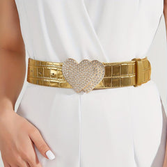 Rhinestone Heart Buckle Belt Golden Elastic Wide Belt PU Leather Waistband