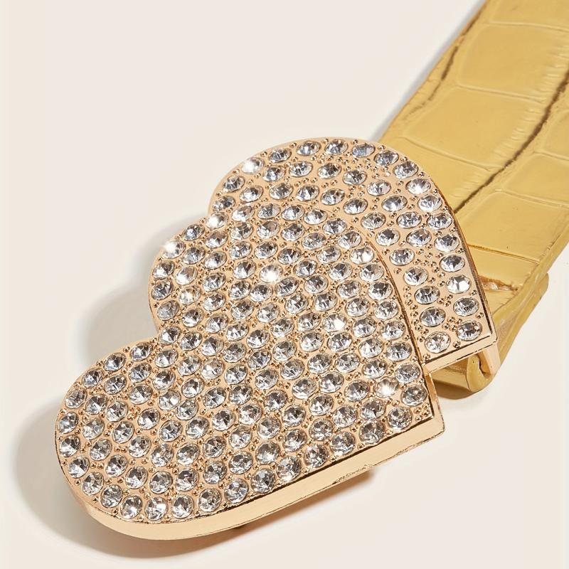 Rhinestone Heart Buckle Belt Golden Elastic Wide Belt PU Leather Waistband