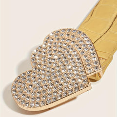 Rhinestone Heart Buckle Belt Golden Elastic Wide Belt PU Leather Waistband