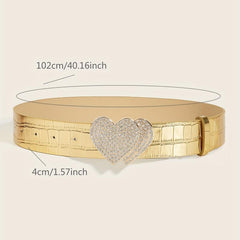 Rhinestone Heart Buckle Belt Golden Elastic Wide Belt PU Leather Waistband