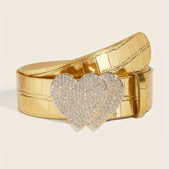 Rhinestone Heart Buckle Belt Golden Elastic Wide Belt PU Leather Waistband