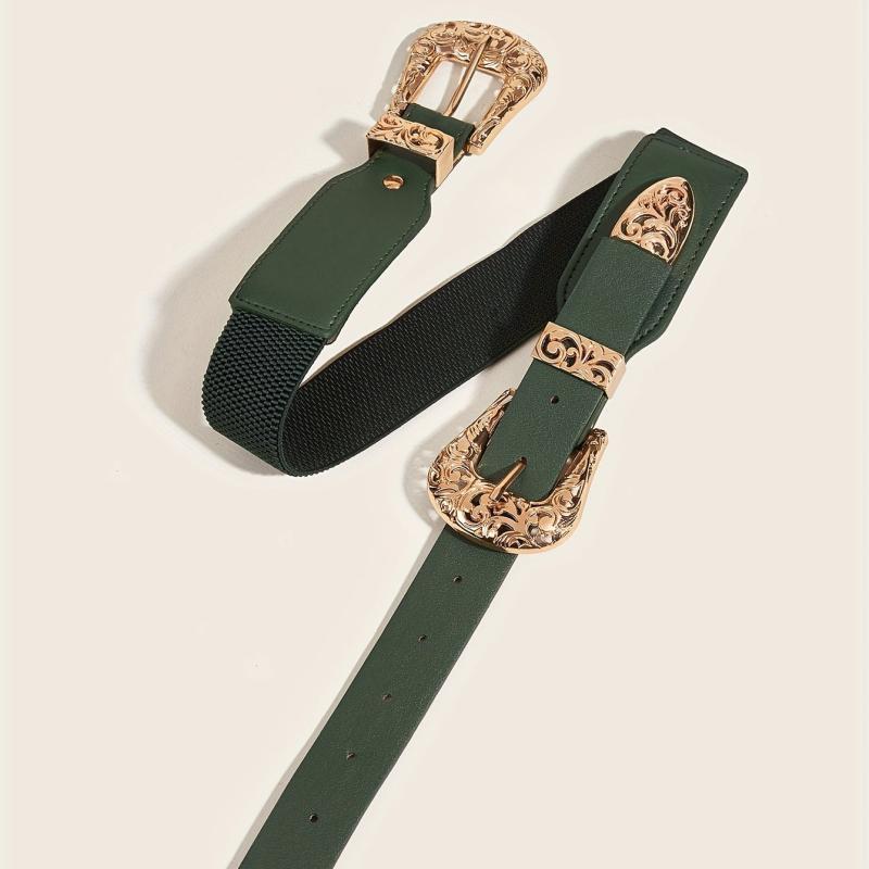 Double Carved Buckle Western Belt Vintage Dark Green Elastic Belt