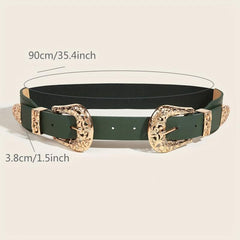 Double Carved Buckle Western Belt Vintage Dark Green Elastic Belt