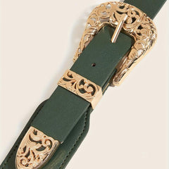 Double Carved Buckle Western Belt Vintage Dark Green Elastic Belt