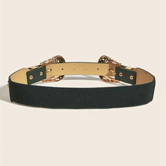 Double Carved Buckle Western Belt Vintage Dark Green Elastic Belt