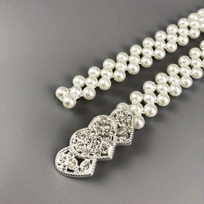 Heart Buckle Pearl Belt Rhinestone Decor Waistband Dress Girdle