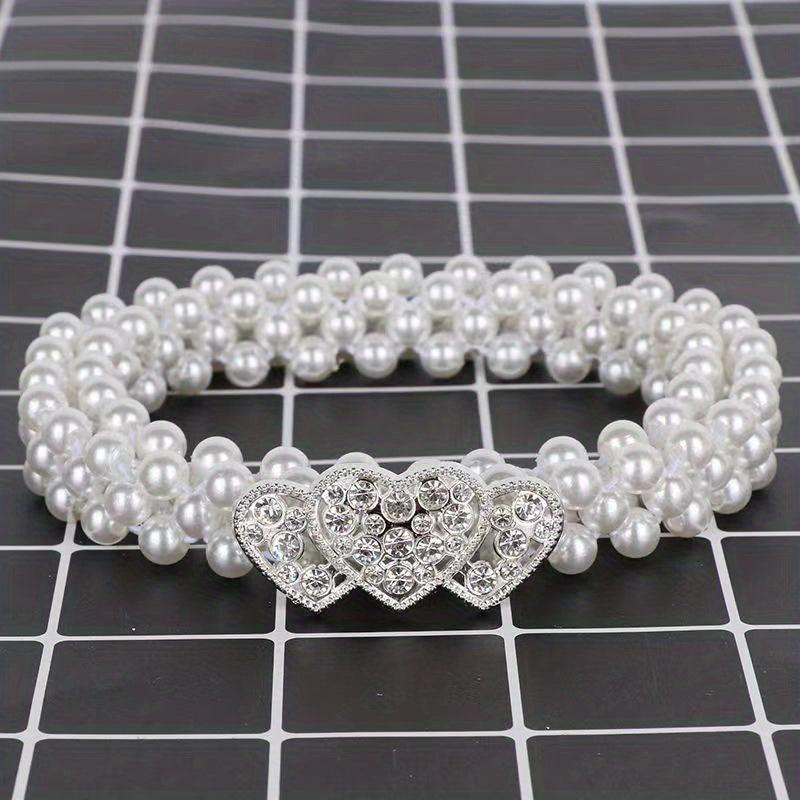 Heart Buckle Pearl Belt Rhinestone Decor Waistband Dress Girdle