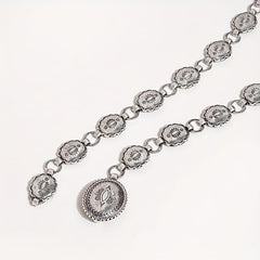 Boho Carved Waist Chain Vintage Silvery Metal Chain Belt Adjustable Body Jewelry