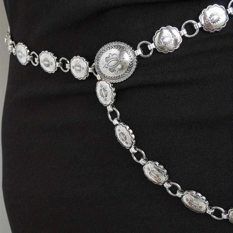 Boho Carved Waist Chain Vintage Silvery Metal Chain Belt Adjustable Body Jewelry