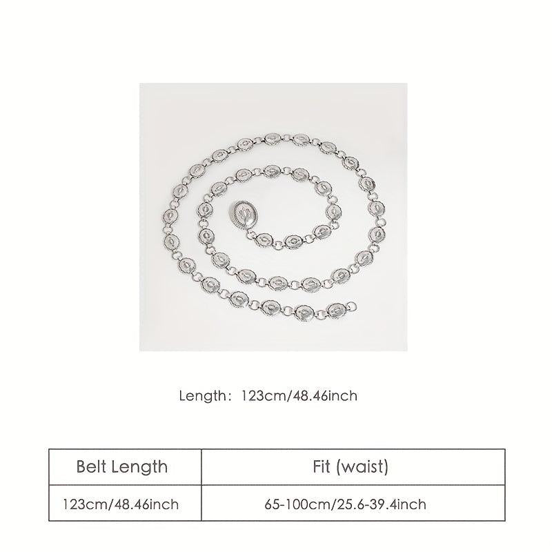 Boho Carved Waist Chain Vintage Silvery Metal Chain Belt Adjustable Body Jewelry