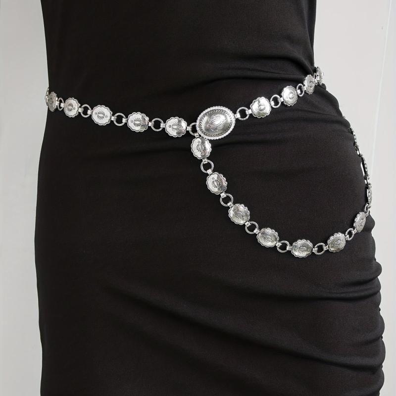 Boho Carved Waist Chain Vintage Silvery Metal Chain Belt Adjustable Body Jewelry