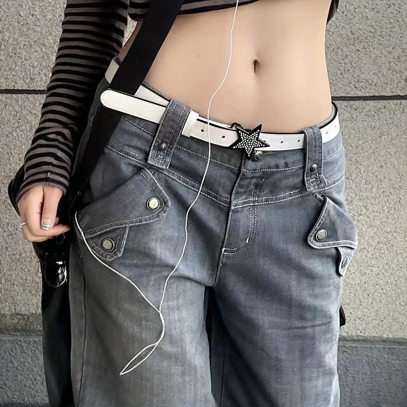 Y2K Pentagram Buckle PU Belt Hip Hop Solid Waistband
