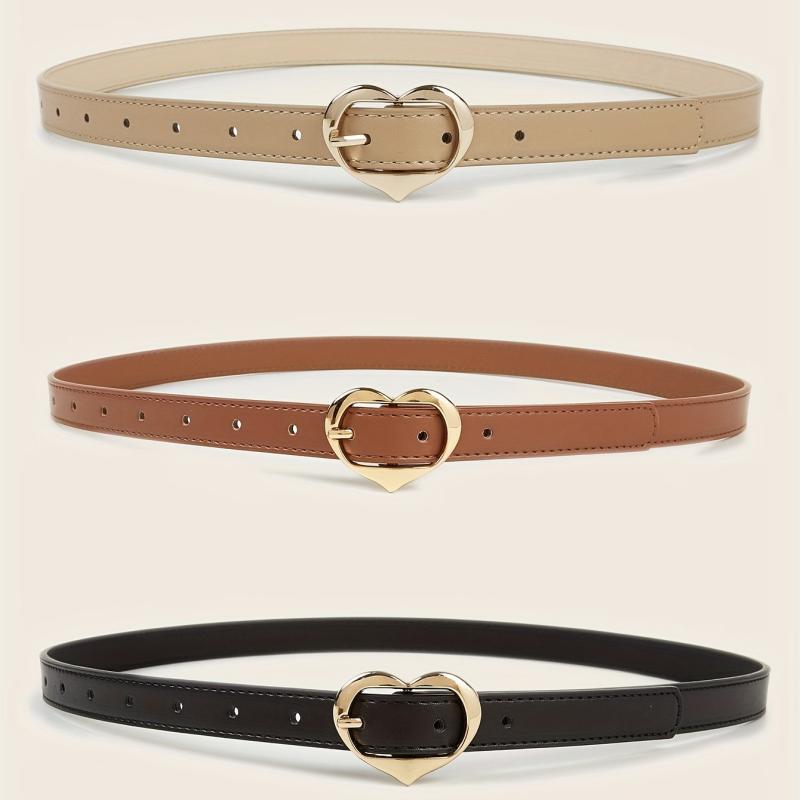 3pcs Golden Heart Buckle Belt PU Leather Waist Belt