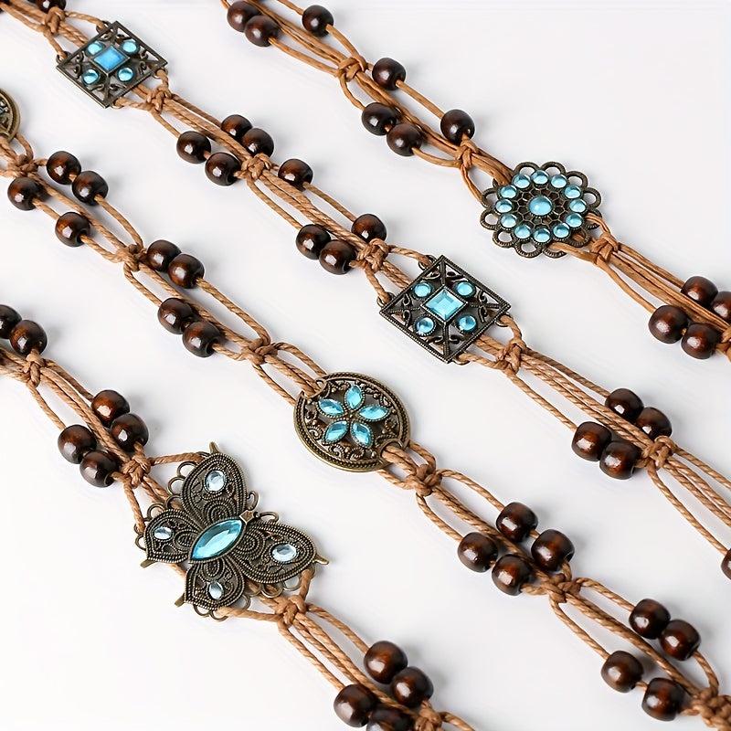 Vintage Braided Sash Belt Wooden Beads Bohemian Bowknot Waistband