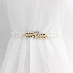 Faux Pearl Beaded Belt Stretchy Boho Style Waist Belt Double Beaded Belt