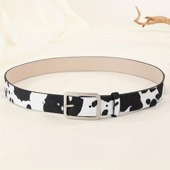 Y2K Style Cow Pattern PU Belt with Geometric Buckle