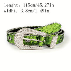 Green Sequin Sparkling Y2K Belt Big Eyelet Hollow Out Punk Rhinestone PU Belt
