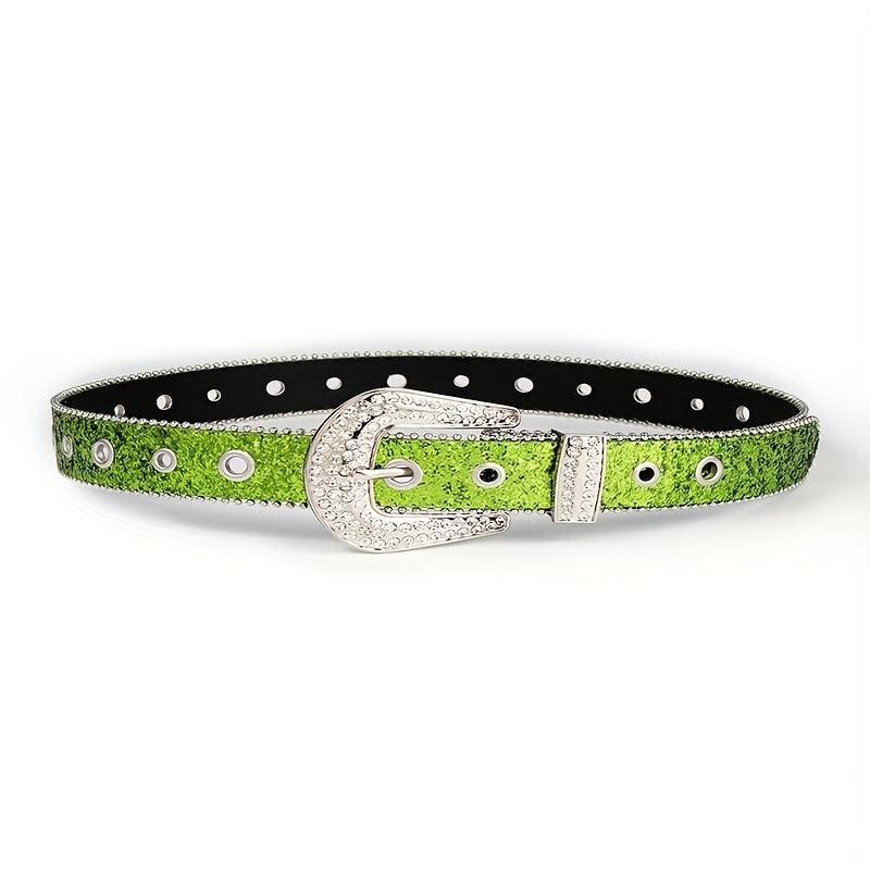 Green Sequin Sparkling Y2K Belt Big Eyelet Hollow Out Punk Rhinestone PU Belt