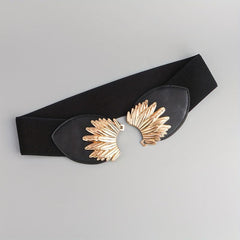 Vintage Golden Leaf Buckle Belt Elastic Wide Waistband for Women