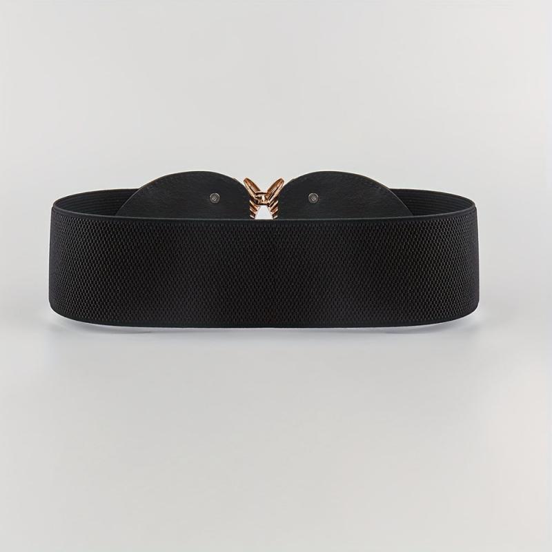 Vintage Golden Leaf Buckle Belt Elastic Wide Waistband for Women