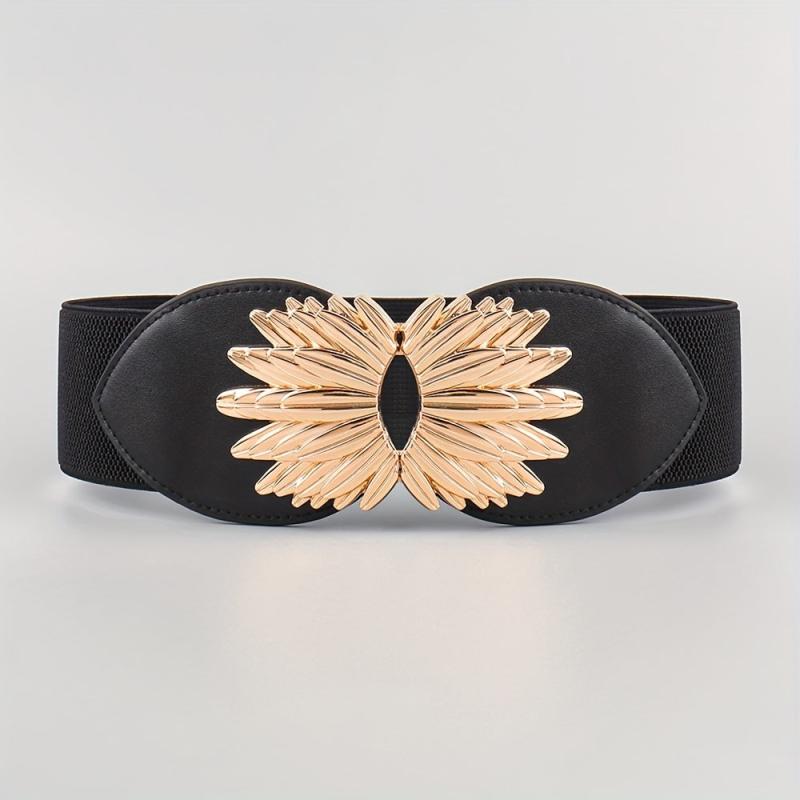 Vintage Golden Leaf Buckle Belt Elastic Wide Waistband for Women