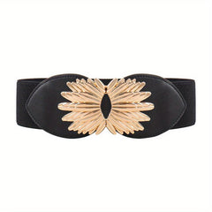 Vintage Golden Leaf Buckle Belt Elastic Wide Waistband for Women