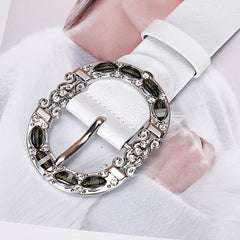 Women's Leather Belt Oval Metal Pin Buckle Inlaid Rhinestone Crystal