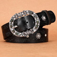 Women's Leather Belt Oval Metal Pin Buckle Inlaid Rhinestone Crystal