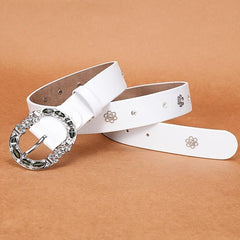 Women's Leather Belt Oval Metal Pin Buckle Inlaid Rhinestone Crystal