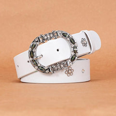 Women's Leather Belt Oval Metal Pin Buckle Inlaid Rhinestone Crystal