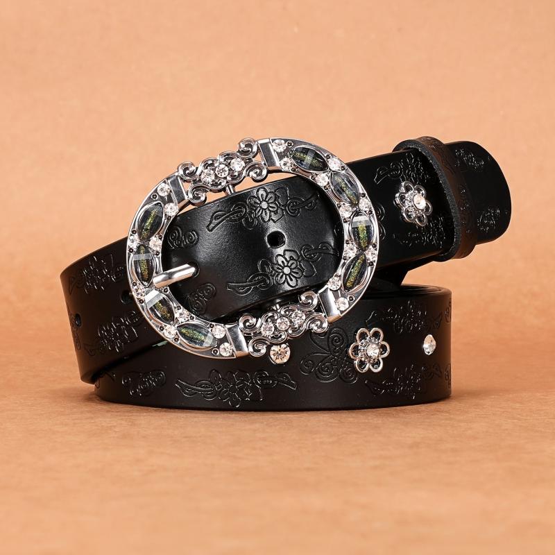 Women's Leather Belt Oval Metal Pin Buckle Inlaid Rhinestone Crystal