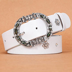 Women's Leather Belt Oval Metal Pin Buckle Inlaid Rhinestone Crystal