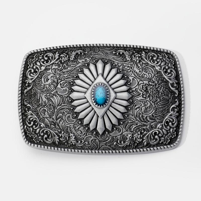 Vintage Turquoise Belt Buckle Geometric Engraved Western Cowboy Accessories