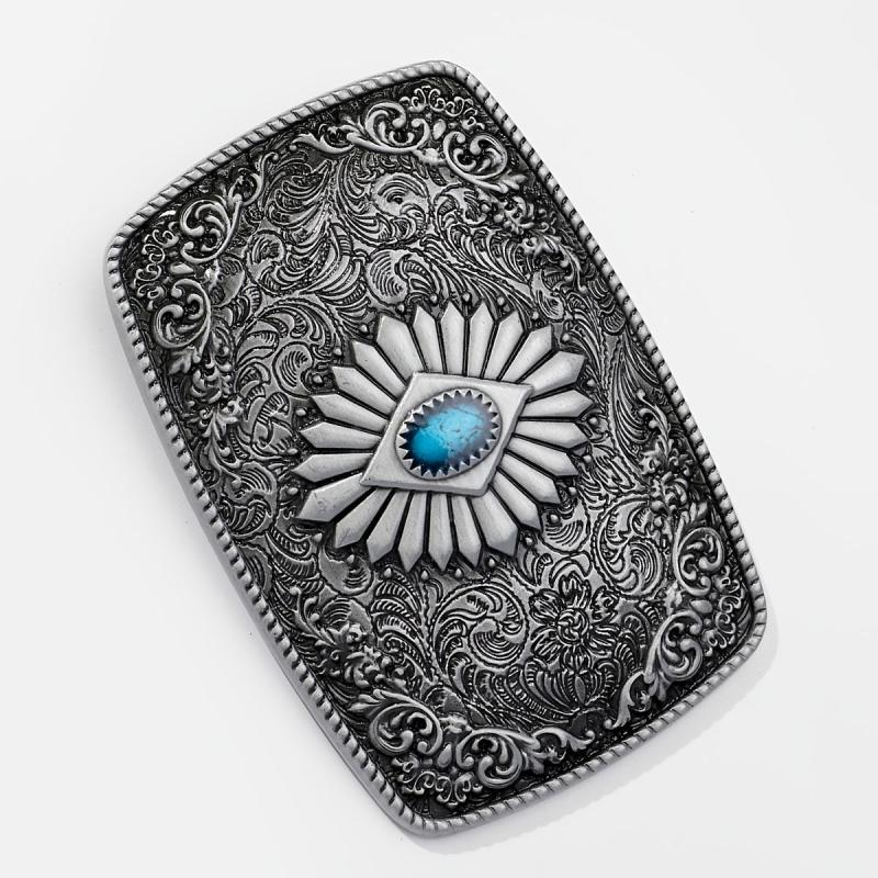 Vintage Turquoise Belt Buckle Geometric Engraved Western Cowboy Accessories
