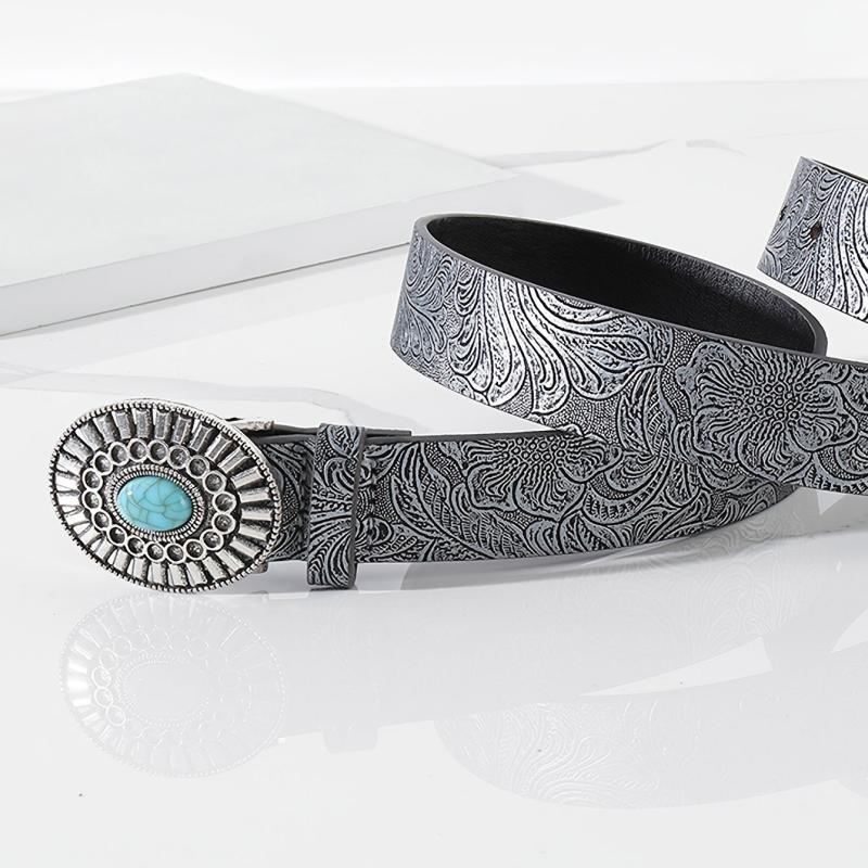 Embossed Pu Leather Belt Vintage Big Buckle Belt Western Cowgirl Cowboy Belt