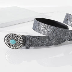 Embossed Pu Leather Belt Vintage Big Buckle Belt Western Cowgirl Cowboy Belt