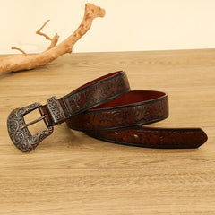 Western Carved Buckle Embossed Belt Distressed Flower Pattern Cowboy Cowgirl