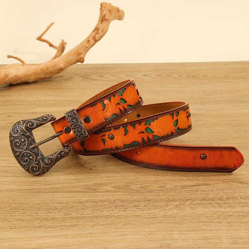 Vintage Carved Buckle Flower Embossed Belt PU Belt For Women Men