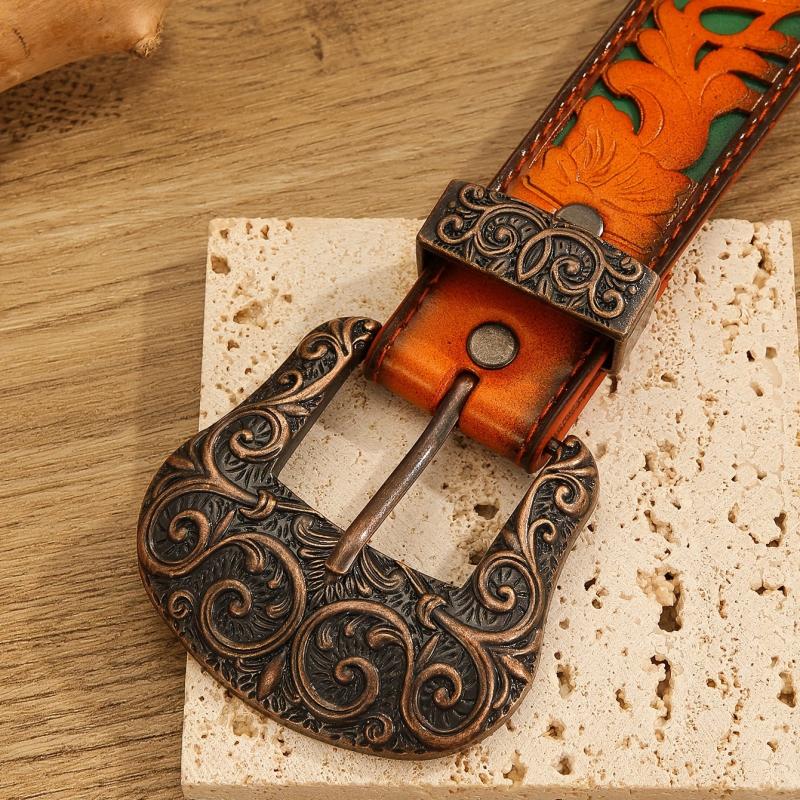 Vintage Carved Buckle Flower Embossed Belt PU Belt For Women Men