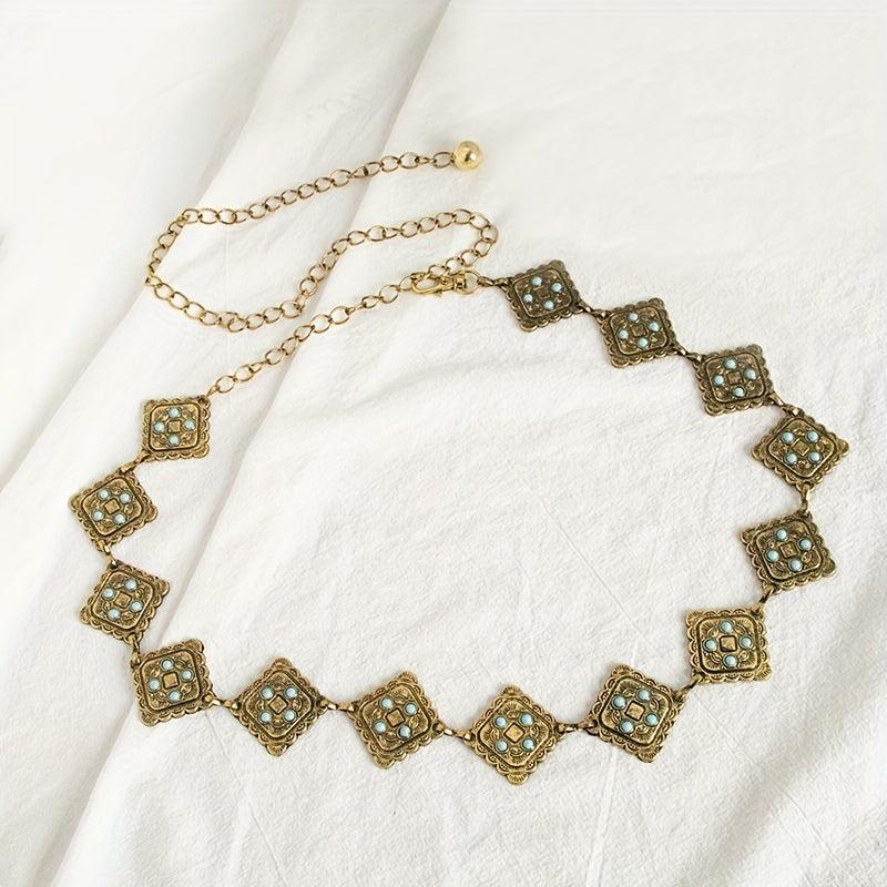 Geometric Flower Carved Waist Chain Turquoise Inlay Vintage Square Chain