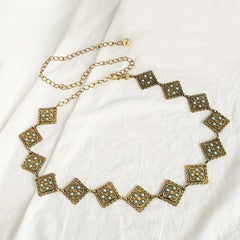 Geometric Flower Carved Waist Chain Turquoise Inlay Vintage Square Chain