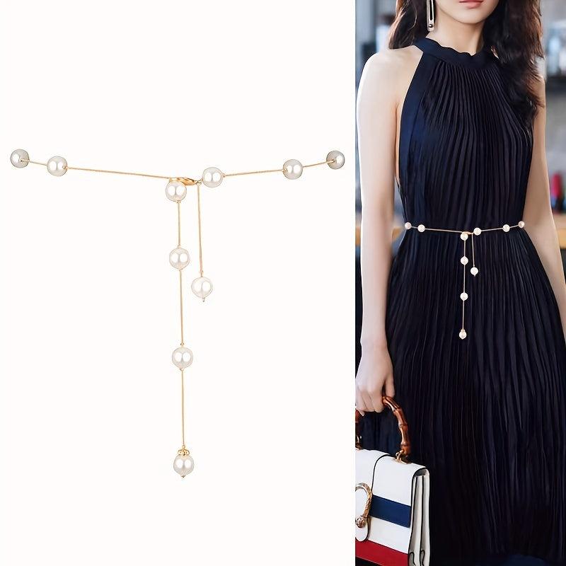 Faux Pearl Waist Chain Dress Shirt Waist Decor Belt Metal Chain