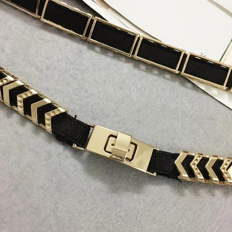 Geometric Linked Metal Belt Golden Waistband Dress Girdle Elastic Thin