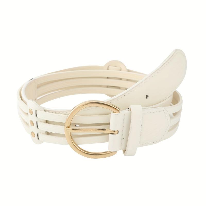 Hollow Out PU Belt Round Golden Pin Buckle Waistband for Women