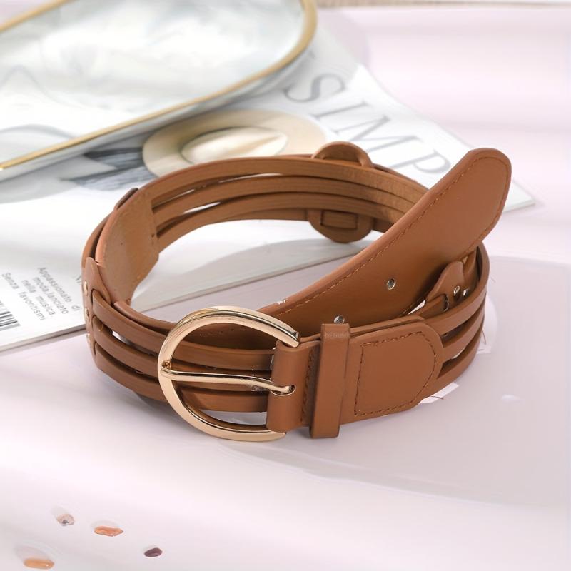 Hollow Out PU Belt Round Golden Pin Buckle Waistband for Women