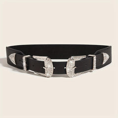 Western Belt Rhinestone Inlaid Buckle PU Leather Elastic Wide Girdle