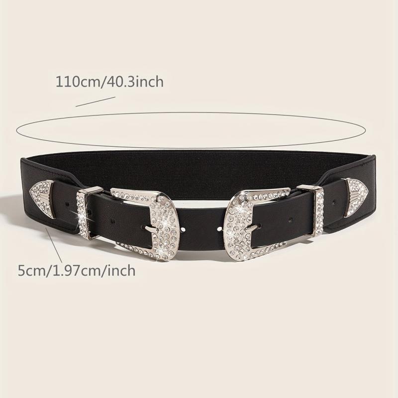 Western Belt Rhinestone Inlaid Buckle PU Leather Elastic Wide Girdle